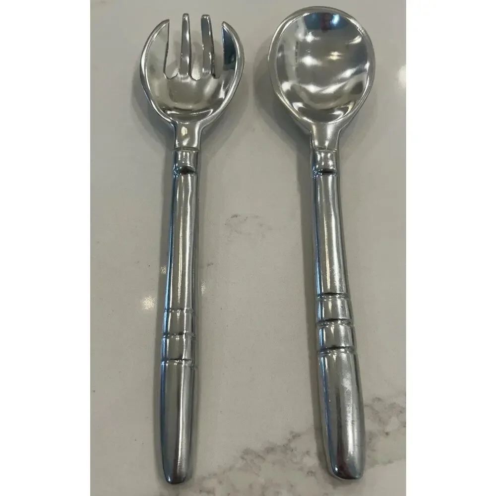 Pewter Salad Serving Set Spoon & Fork with Fluted Handles 9” Flatware made India